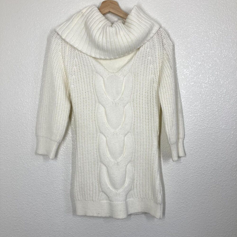 12th Tribe Sweater Tunic Womens Small White Cable Knit Cowl Neck 3/4 Sleeve
